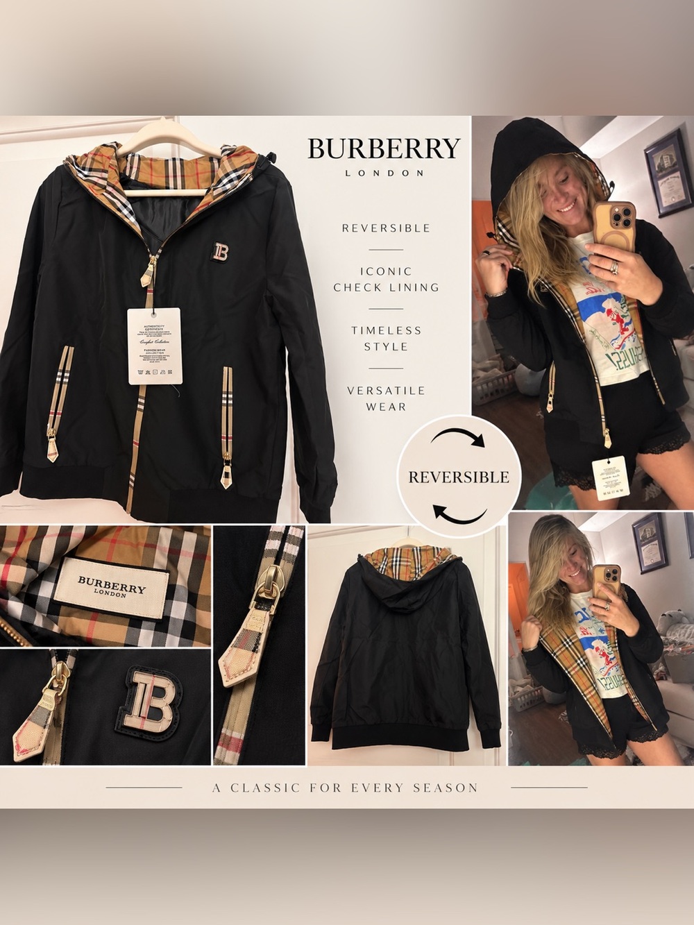 Source Unknown Black Reversible Trench Coat with Iconic Check Lining
